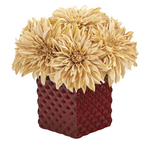 11" Dahlia Artificial Arrangement in Red Ceramic Cube