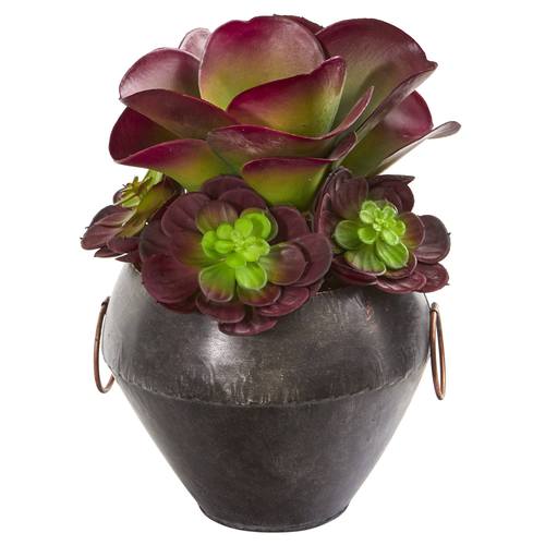 11" Echeveria and Succulent Artificial Plant in Metal Bowl