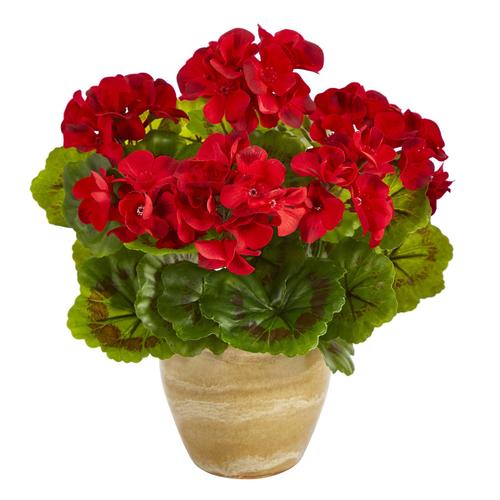 11" Geranium Artificial Plant in Ceramic Planter UV Resistant (Indoor/Outdoor)