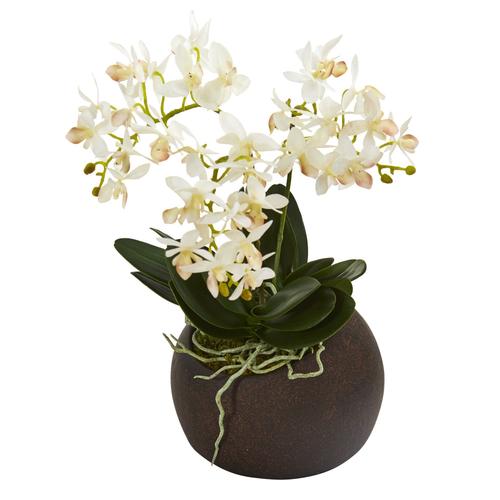 11" Mini Orchid Phalaenopsis Artificial Arrangement in Stone Vase