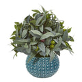 11" Olive Branch Artificial Plant with Berries in Blue Planter