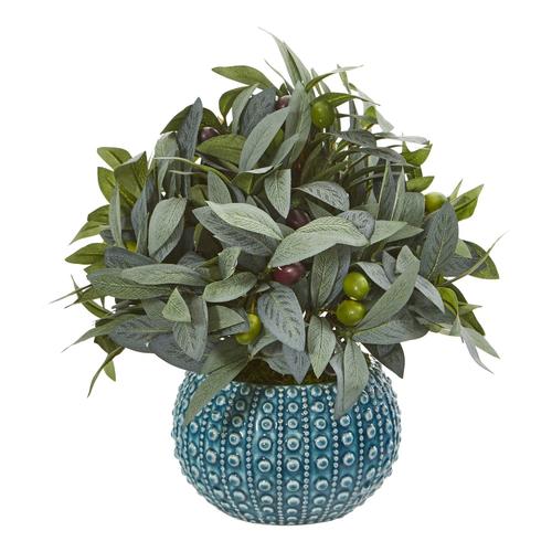 11" Olive Branch Artificial Plant with Berries in Blue Planter