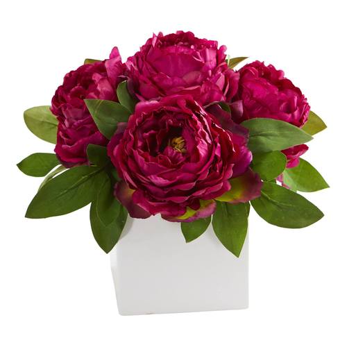 11" Peony Artificial Arrangement in White Vase