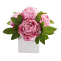 11" Peony Artificial Arrangement in White Vase
