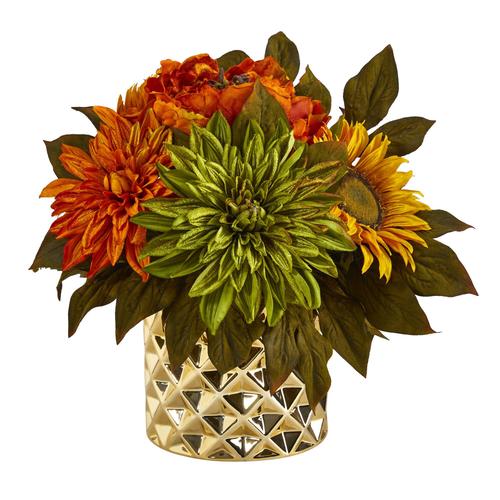 11" Peony, Dahlia and Sunflower Artificial Arrangement in Gold Vase