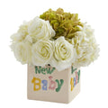 11" Rose and Hydrangea Artificial Arrangement in “New Baby" Vase