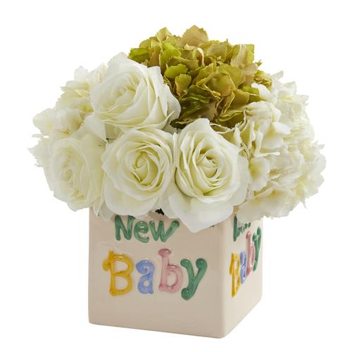 11" Rose and Hydrangea Artificial Arrangement in “New Baby" Vase