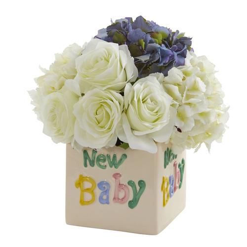 11" Rose and Hydrangea Artificial Arrangement in “New Baby" Vase