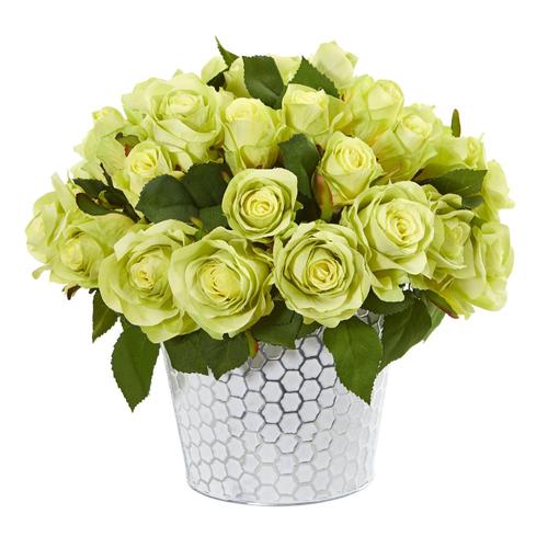 11" Rose Artificial Arrangement in Embossed White Planter
