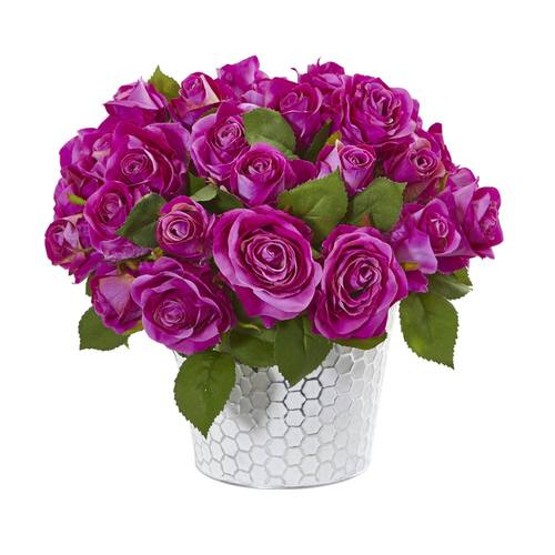 11" Rose Artificial Arrangement in Embossed White Planter