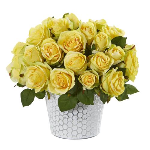 11" Rose Artificial Arrangement in Embossed White Planter