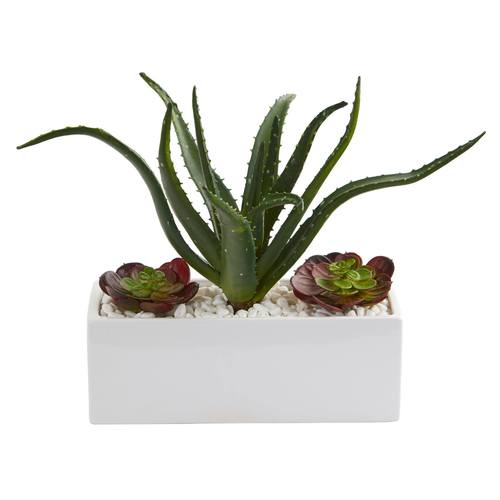 12" Aloe and Echeveria Succulent Artificial Plant in White Planter