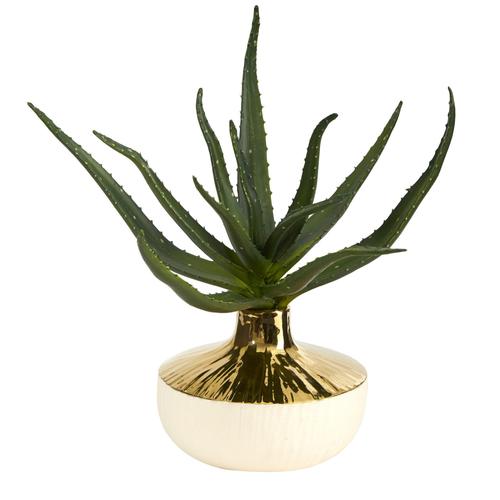 12" Aloe Succulent Artificial Plant in Gold and Cream Elegant Planter