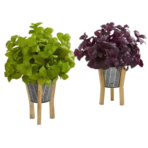 12" Basil Artificial Plant in Tin Planter with Legs (Set of 2)