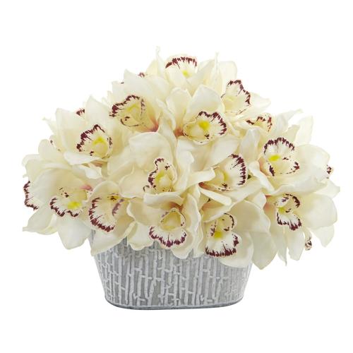 12" Cymbidium Orchid Artificial Arrangement in Tin White Vase