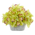 12" Cymbidium Orchid Artificial Arrangement in Tin White Vase