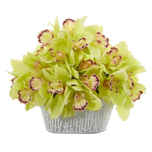 12" Cymbidium Orchid Artificial Arrangement in Tin White Vase