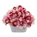 12" Cymbidium Orchid Artificial Arrangement in Tin White Vase