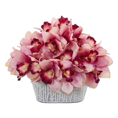 12" Cymbidium Orchid Artificial Arrangement in Tin White Vase