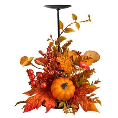 12" Fall Maple Leaves, Berries and Pumpkin Autumn Harvest Candle Holder
