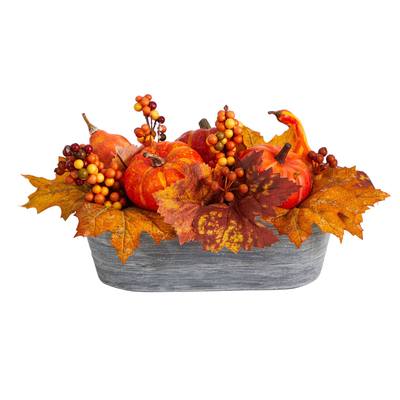 12" Fall Pumpkin and Berries Autumn Harvest Artificial Arrangement in Washed Vase