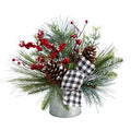 12" Frosted Pinecones and Berries Artificial Arrangement in Vase with Decorative Plaid Bow