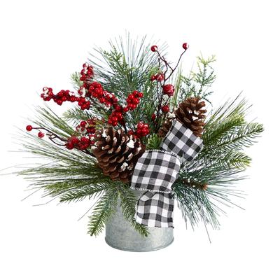 12" Frosted Pinecones and Berries Artificial Arrangement in Vase with Decorative Plaid Bow
