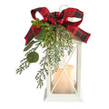12" Holiday White Lantern With Berries, Pine and Plaid Bow Artificial Christmas Table Arrangement with LED Candle Included