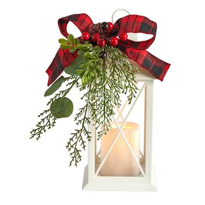 12" Holiday White Lantern With Berries, Pine and Plaid Bow Artificial Christmas Table Arrangement with LED Candle Included