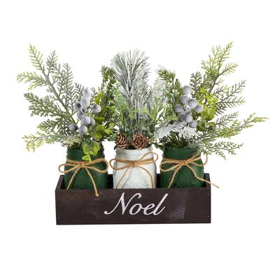 12" Holiday Winter Pine, Berries and Pine Cone Three Piece Mason Jar “Noel" Table Christmas Artificial Arrangement Décor