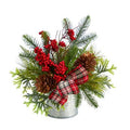 12" Holiday Winter Pinecones, Berries, Greenery and Plaid Bow Artificial Christmas Table Arrangement