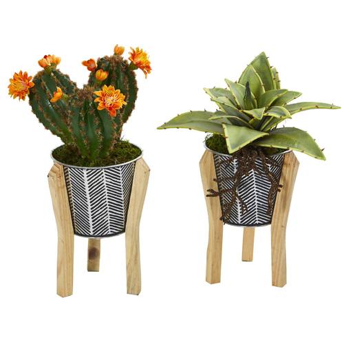 12" Mixed Succulent Artificial Plant in Tin Planter with Legs (Set of 2)
