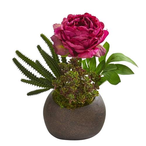 12" Peony and Succulent Artificial Arrangement in Stone Vase