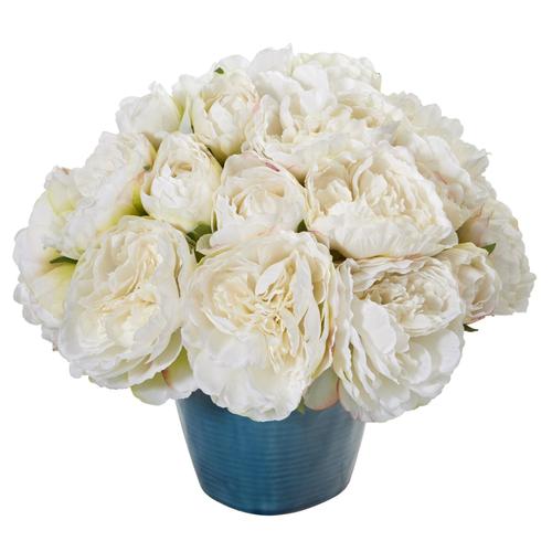 14" Peony Artificial Arrangement in Blue Vase