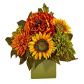 12" Peony, Dahlia and Sunflower Artificial Arrangement in Green Vase