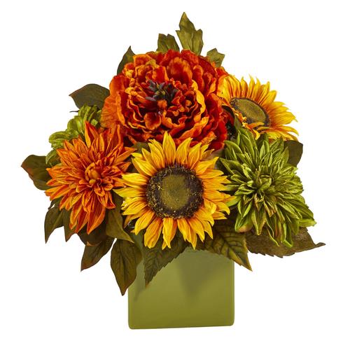 12" Peony, Dahlia and Sunflower Artificial Arrangement in Green Vase