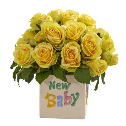 12" Rose Artificial Arrangement in “New Baby" Vase