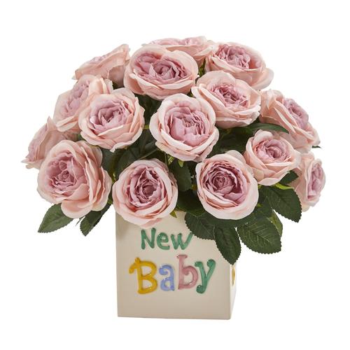 12" Rose Artificial Arrangement “New Baby" Vase