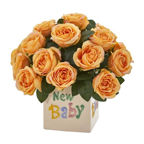 12" Rose Artificial Arrangement “New Baby" Vase
