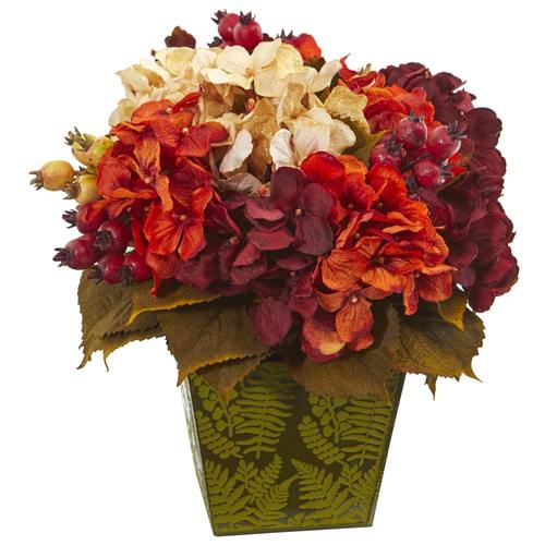 13" Autumn Hydrangea Berry Artificial Arrangement in Green Vase