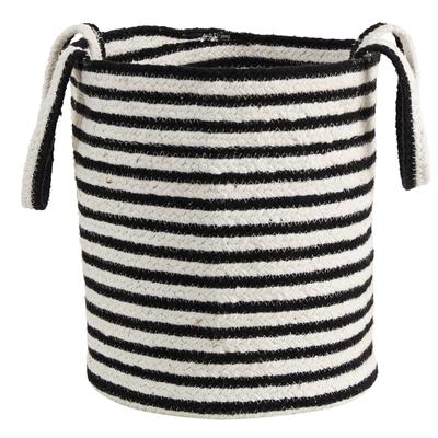 13" Boho Chic Basket Natural Cotton, Handwoven Black and White Stripe with Handles