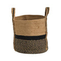 13" Boho Chic Basket Natural Jute Basket Planter, Black Bottom Natural Top with Handles