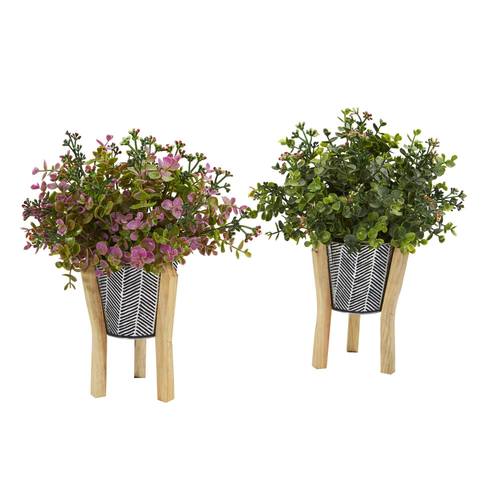 13" Eucalyptus and Sedum Artificial Plant in Tin Planter with Legs (Set of 2)