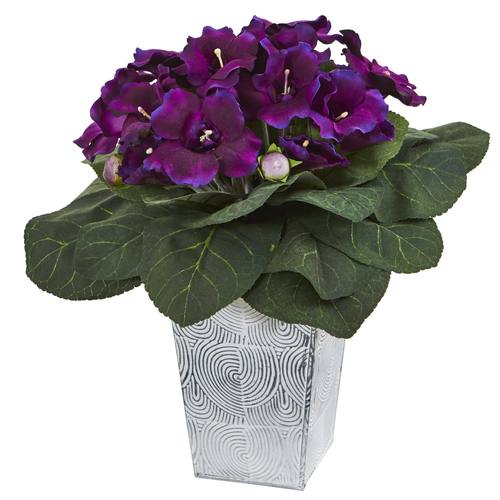 13" Gloxinia Artificial Plant in Embossed White Planter