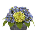 13" Hydrangea Artificial Arrangement in Embossed Tin Vase