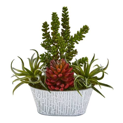 13" Mixed Succulent Artificial Plant in Tin White Planter