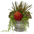 13" Mixed Succulent Artificial Plant in Vintage Metal Bowl
