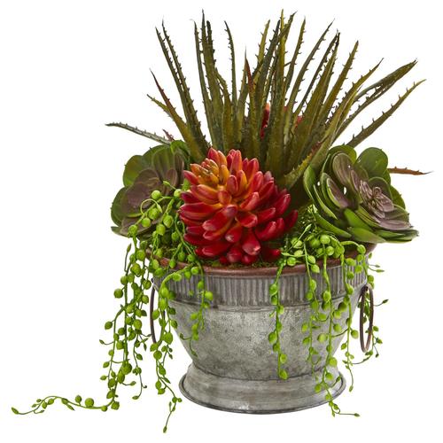 13" Mixed Succulent Artificial Plant in Vintage Metal Bowl
