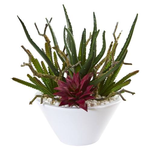 13" Mixed Succulent Artificial Plant in White Bowl