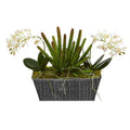 13" Orchid Phalaenopsis and Succulent Artificial Arrangement in Embossed Tin Vase